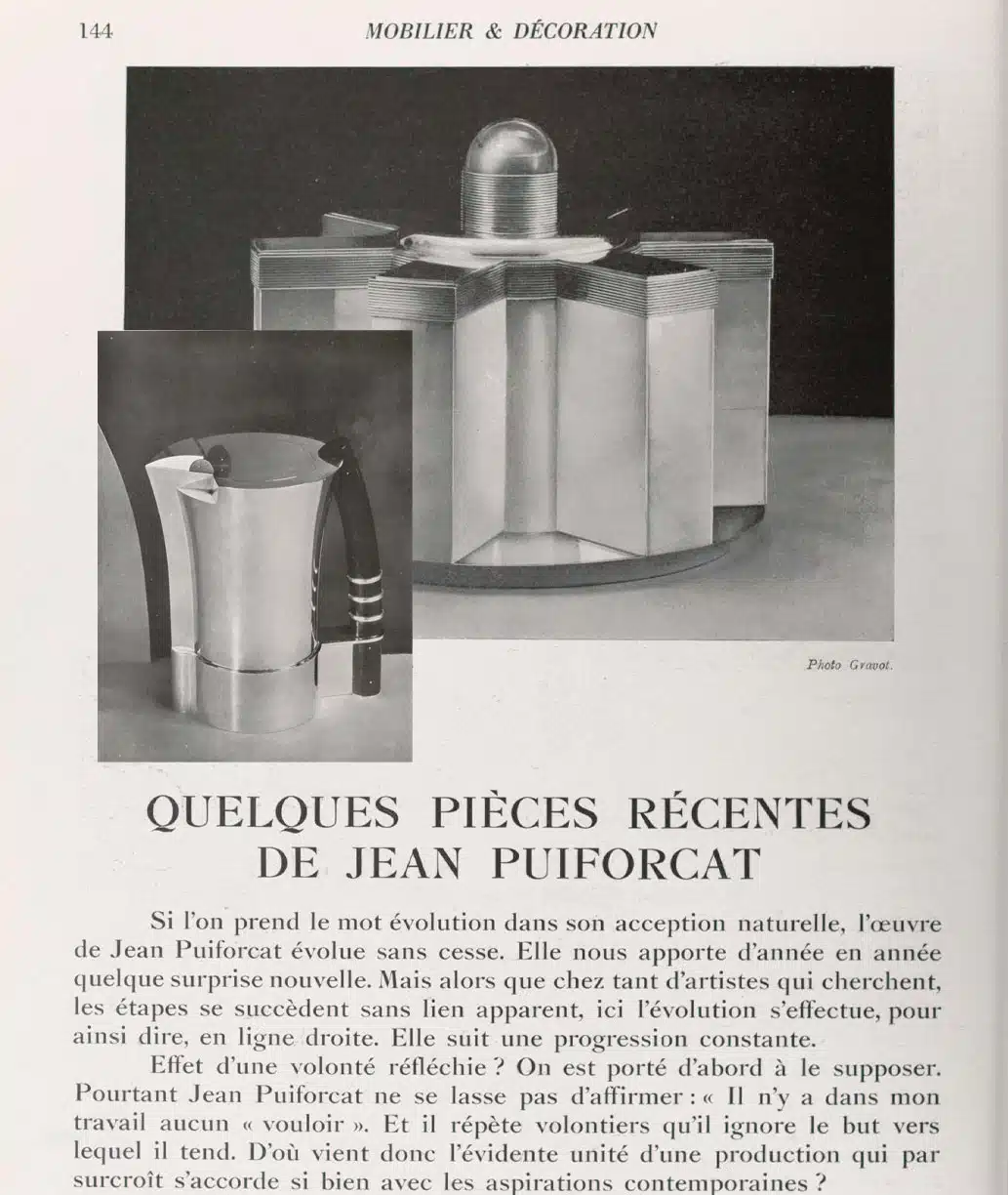 "Quelques pièces récentes de Jean Puiforcat", article tiré d'une parution du magazine Mobilier et Décoration de 1931