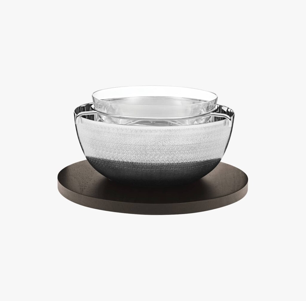 Bol à caviar en métal argenté, bol en cristal et socle en bois de la collection Jacaranda de Puiforcat